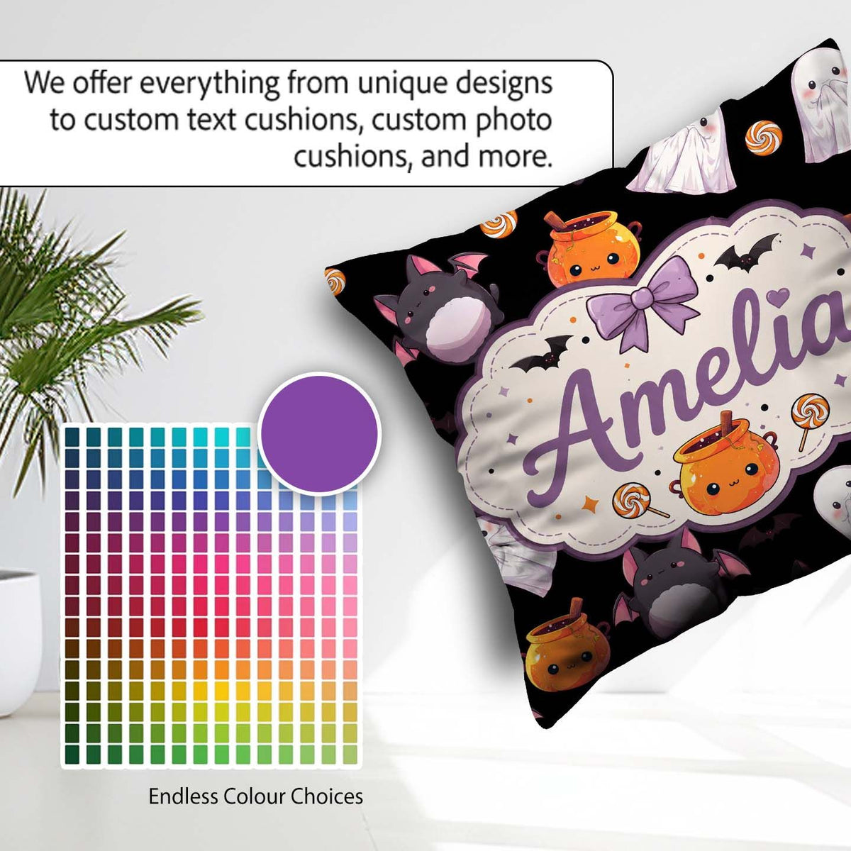 Custom Name Cute Halloween Ghost Bat Candy Pumpkin Pattern White Square Filled Cushion Throw Pillow Sofa Bed Home Decor Zip Washable UK Made