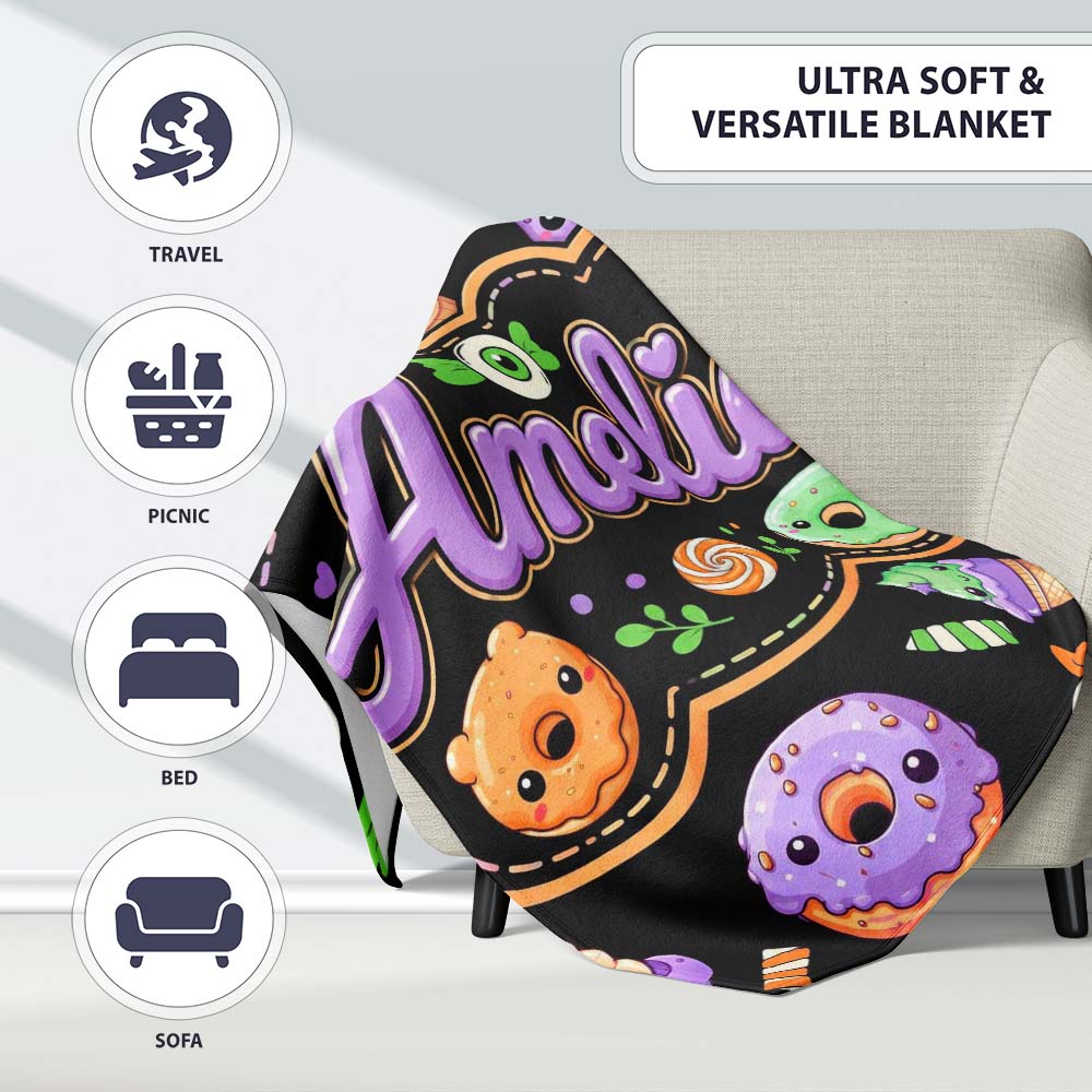 Cute Halloween Candy Donuts Ice Cream Kawaii Pattern Light Grey Personalised Custom Name Super Soft Fleece Blanket Bed Sofa Throw