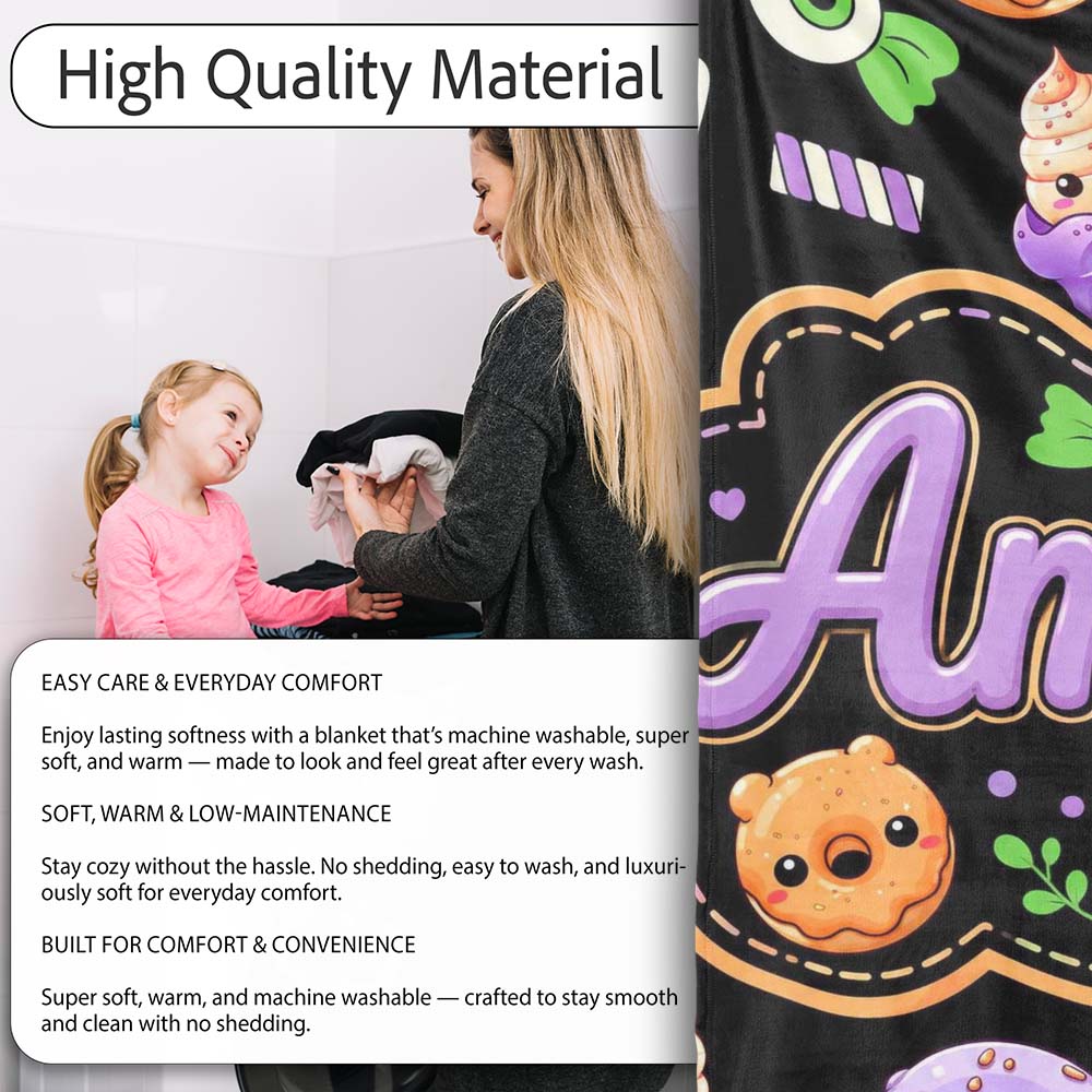 Cute Halloween Candy Donuts Ice Cream Kawaii Pattern Light Grey Personalised Custom Name Super Soft Fleece Blanket Bed Sofa Throw