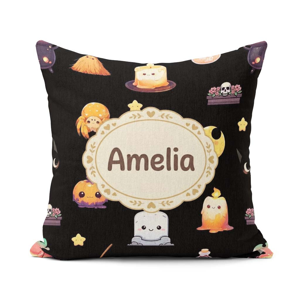 Custom Name Witch Pumpkin Spider Candle Moon Pattern Light Grey Square Filled Cushion Throw Pillow Sofa Bed Home Decor Zip Washable UK Made