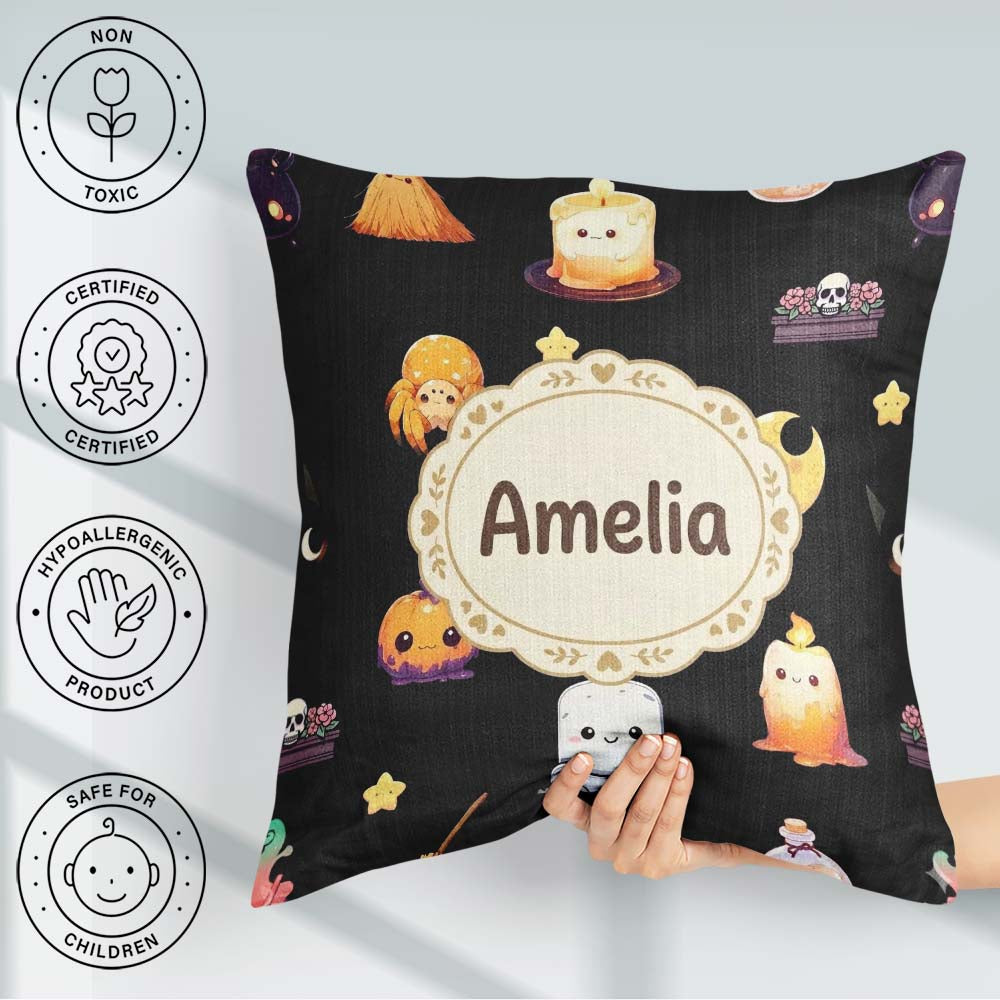 Custom Name Witch Pumpkin Spider Candle Moon Pattern Light Grey Square Filled Cushion Throw Pillow Sofa Bed Home Decor Zip Washable UK Made