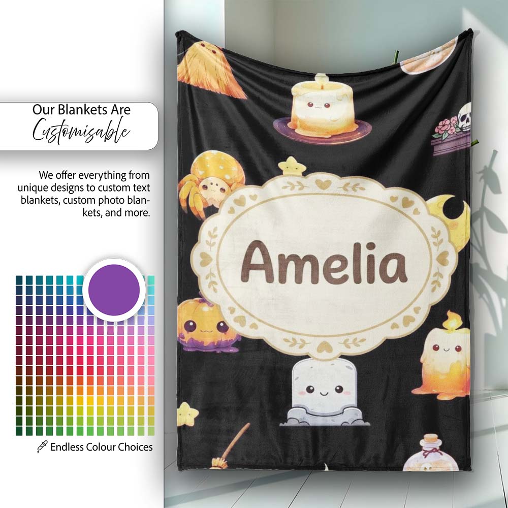 Cute Witch Pumpkin Spider Candle Moon Halloween Pattern Light Grey Personalised Custom Name Super Soft Fleece Blanket Bed Sofa Throw