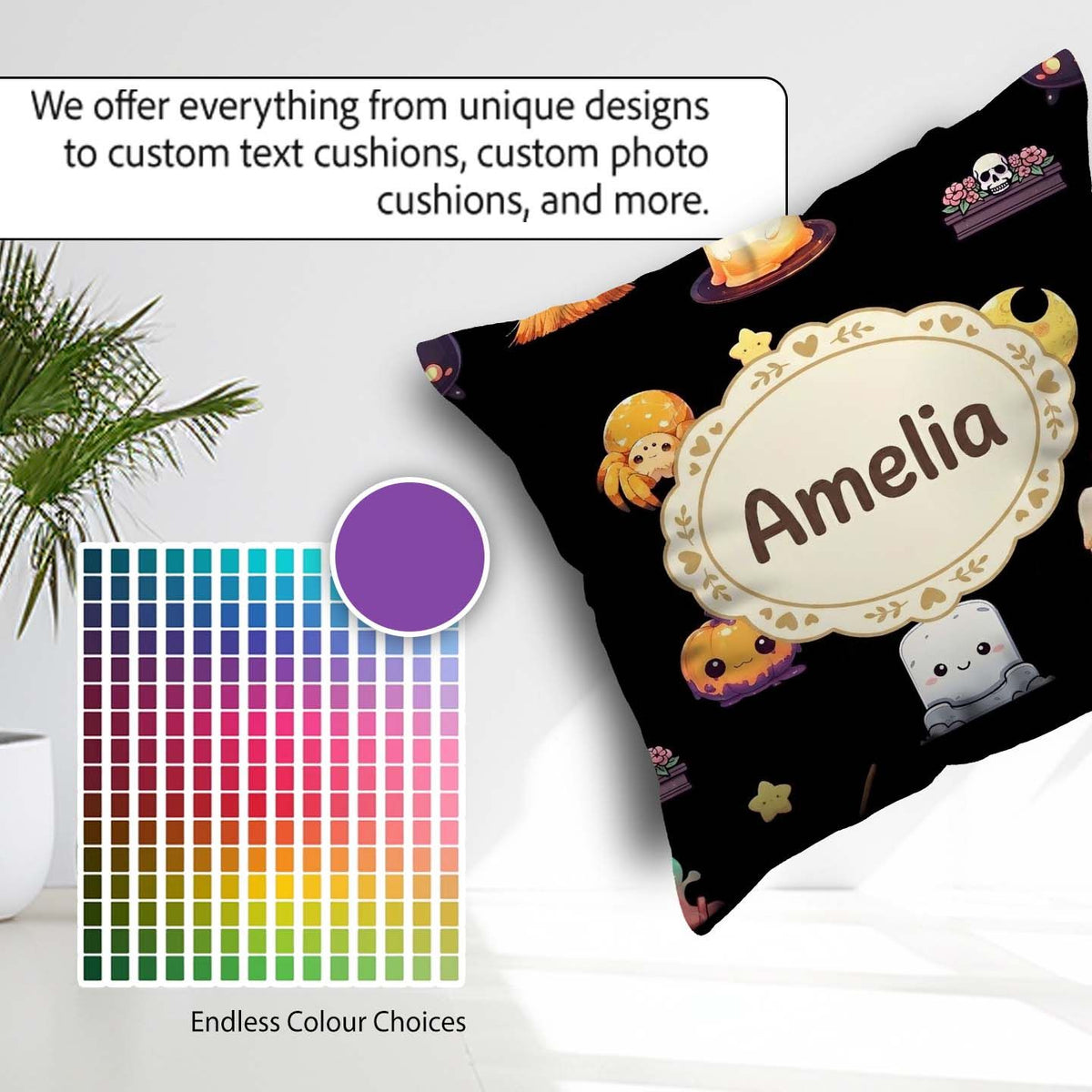 Custom Name Witch Pumpkin Spider Candle Moon Pattern Light Grey Square Filled Cushion Throw Pillow Sofa Bed Home Decor Zip Washable UK Made