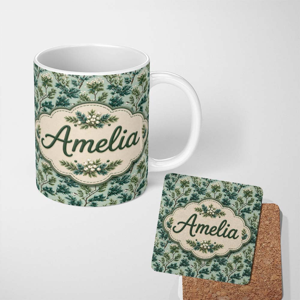 Personalized Custom Name Botanical Pine Branch with White Blossoms and Birds on Soft Green 11oz Ceramic Coffee Tea Mug White Large Handle
