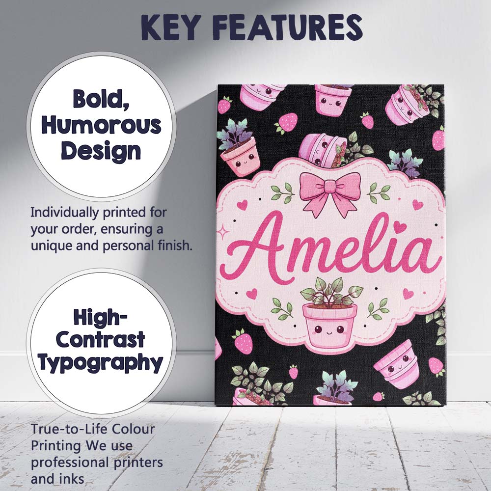 Personalised Name Cute Pink Plant Pots Custom Modern Room Accent Elegant Feature Canvas Wall Art Print Decor Picture Ready to Hang