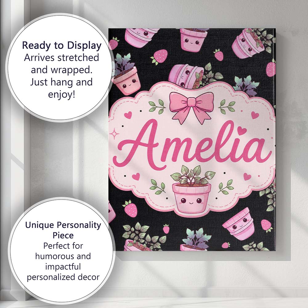 Personalised Name Cute Pink Plant Pots Custom Modern Room Accent Elegant Feature Canvas Wall Art Print Decor Picture Ready to Hang