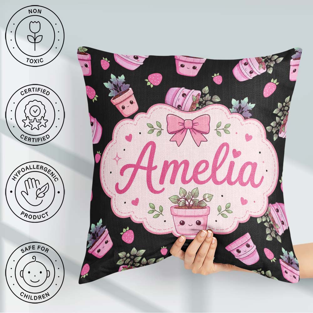 Custom Name Cute Pink Plant Pots Leaves Strawberry Pattern Black Square Filled Cushion Throw Pillow Sofa Bed Home Decor Zip Washable UK Made