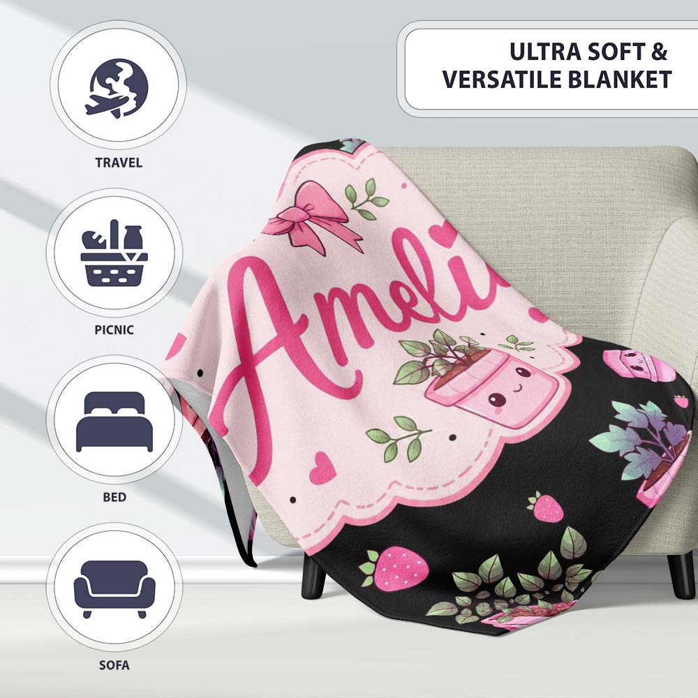 Cute Pink Plant Pots Leaves Strawberry Seamless Pattern Black Lovely Personalised Custom Name Super Soft Fleece Blanket Bed Sofa Throw