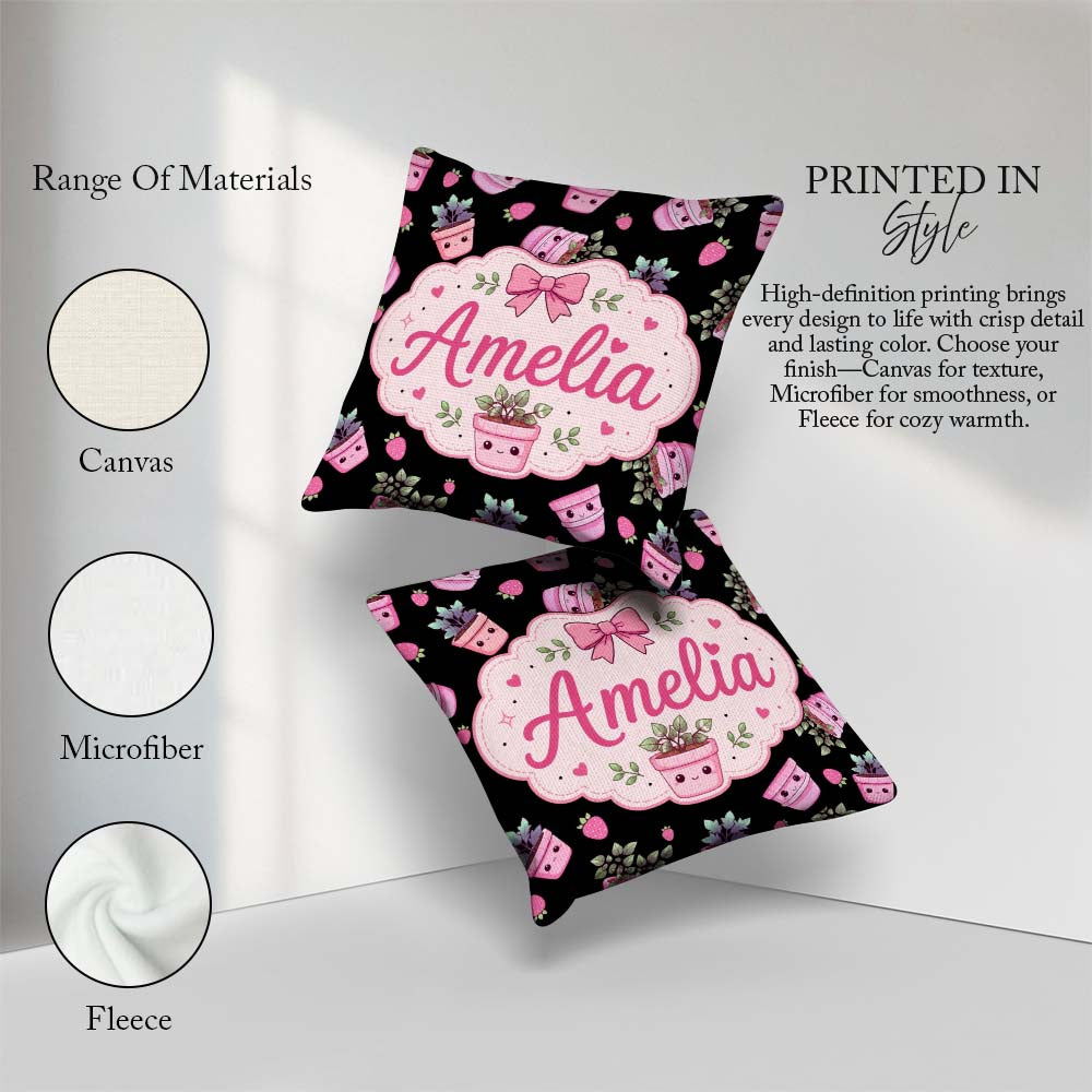 Custom Name Cute Pink Plant Pots Leaves Strawberry Pattern Black Square Filled Cushion Throw Pillow Sofa Bed Home Decor Zip Washable UK Made