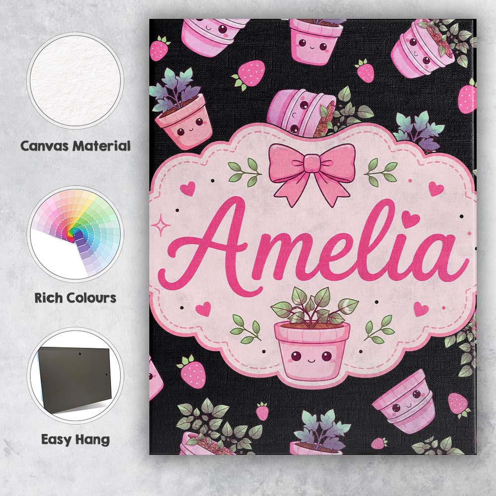 Personalised Name Cute Pink Plant Pots Custom Modern Room Accent Elegant Feature Canvas Wall Art Print Decor Picture Ready to Hang