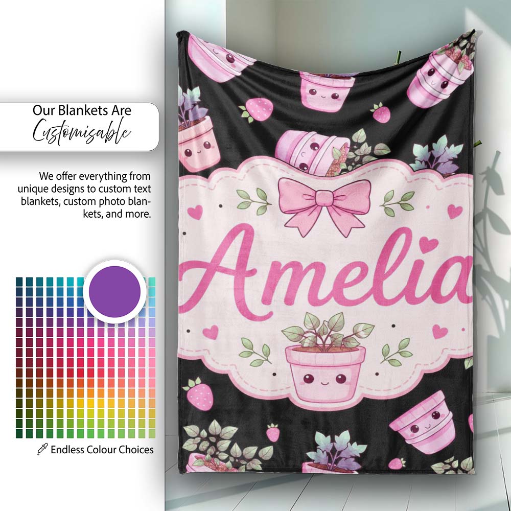Cute Pink Plant Pots Leaves Strawberry Seamless Pattern Black Lovely Personalised Custom Name Super Soft Fleece Blanket Bed Sofa Throw