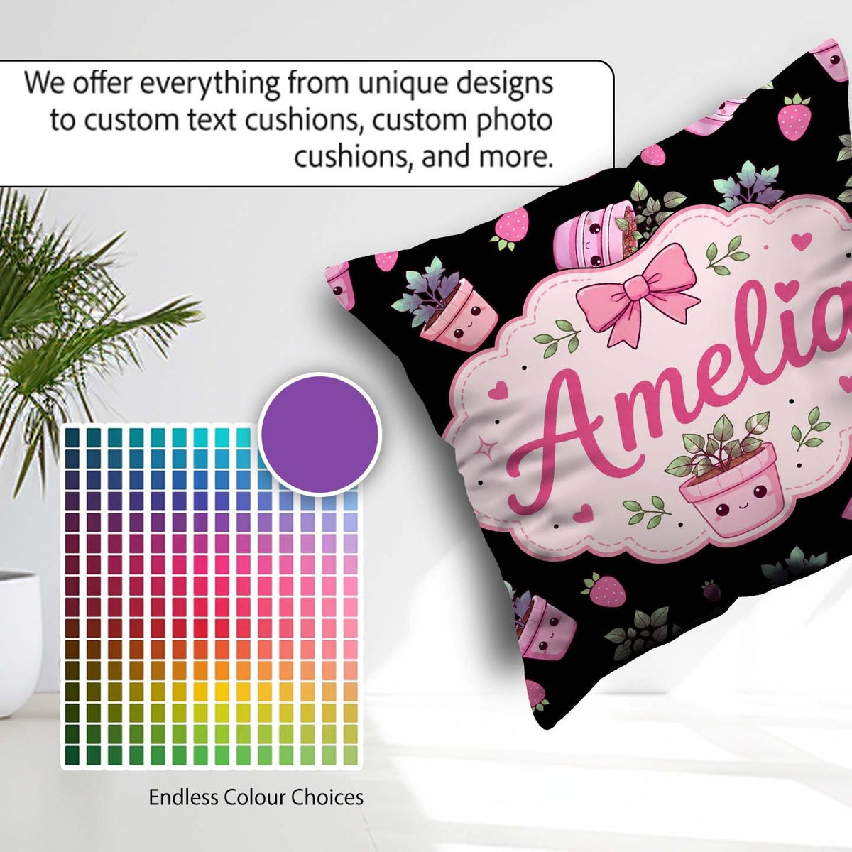 Custom Name Cute Pink Plant Pots Leaves Strawberry Pattern Black Square Filled Cushion Throw Pillow Sofa Bed Home Decor Zip Washable UK Made