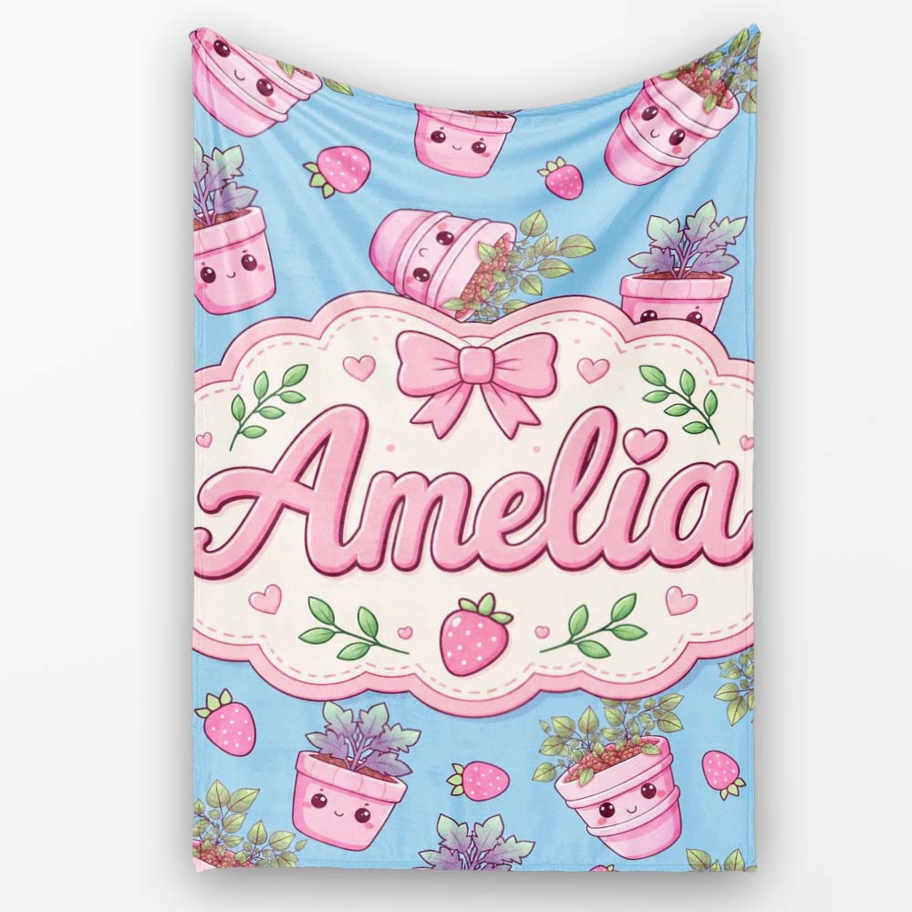 Cute Pink Plant Pots Leaves Strawberry Seamless Pattern Blue Lovely Personalised Custom Name Super Soft Fleece Blanket Bed Sofa Throw