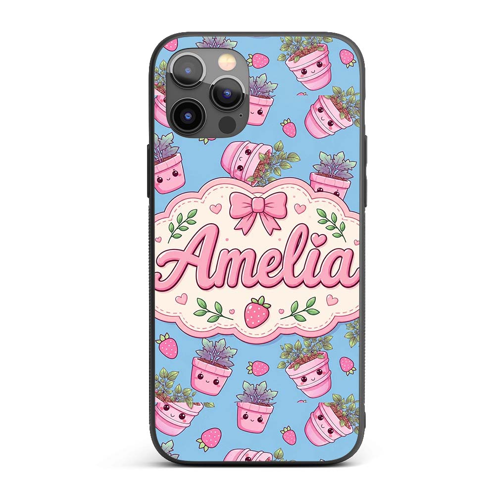 Cute Pink Plant Pots Leaves Strawberry Seamless Custom Name Protective Phone Case Mobile Cover Durable Everyday Smartphone Shock Resistant