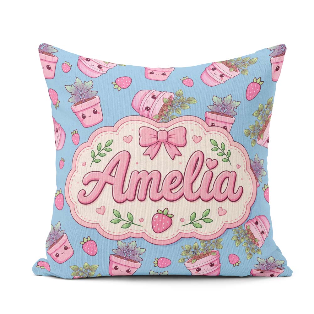 Custom Name Cute Pink Plant Pots Leaves Strawberry Seamless Blue Square Filled Cushion Throw Pillow Sofa Bed Home Decor Zip Washable UK Made