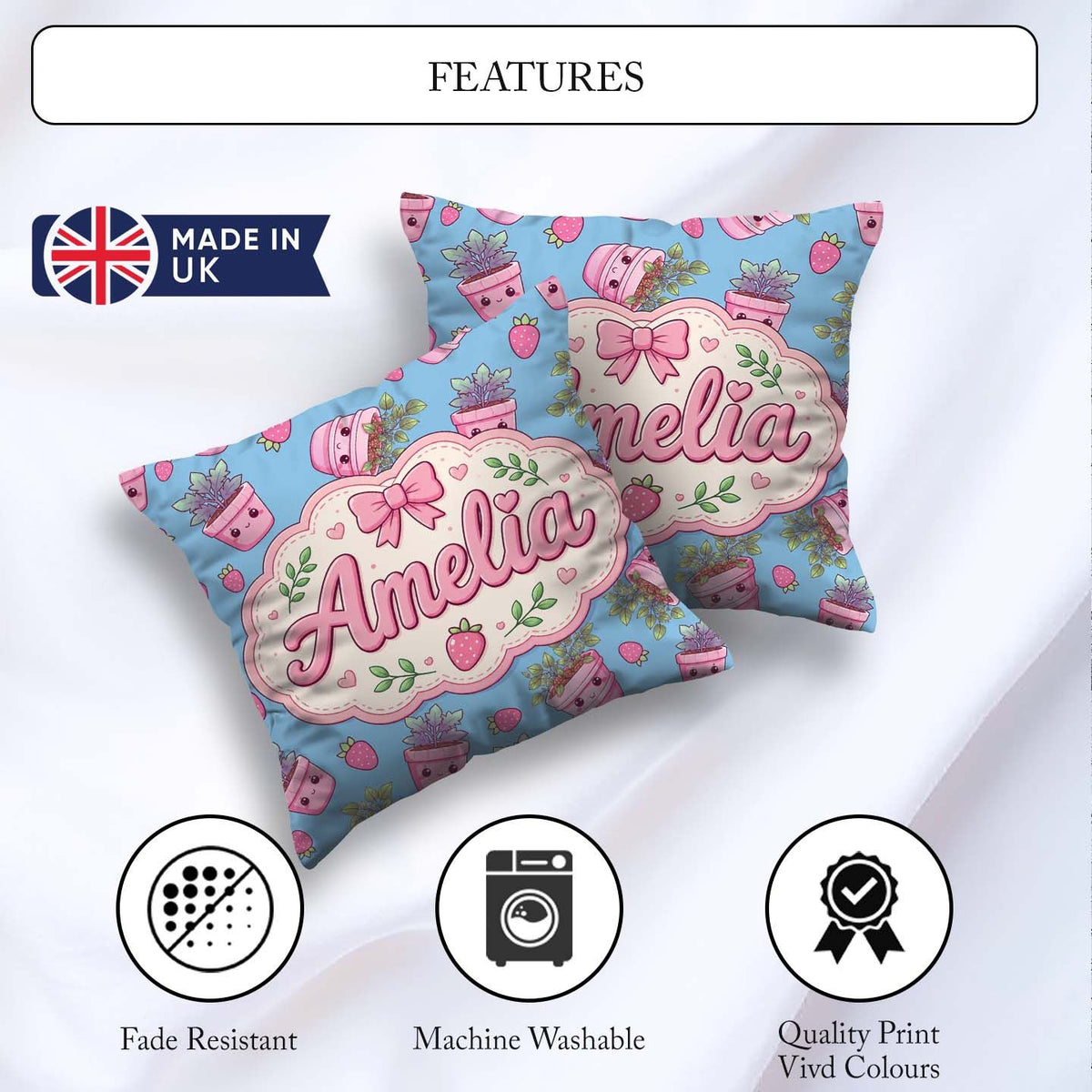 Custom Name Cute Pink Plant Pots Leaves Strawberry Seamless Blue Square Filled Cushion Throw Pillow Sofa Bed Home Decor Zip Washable UK Made