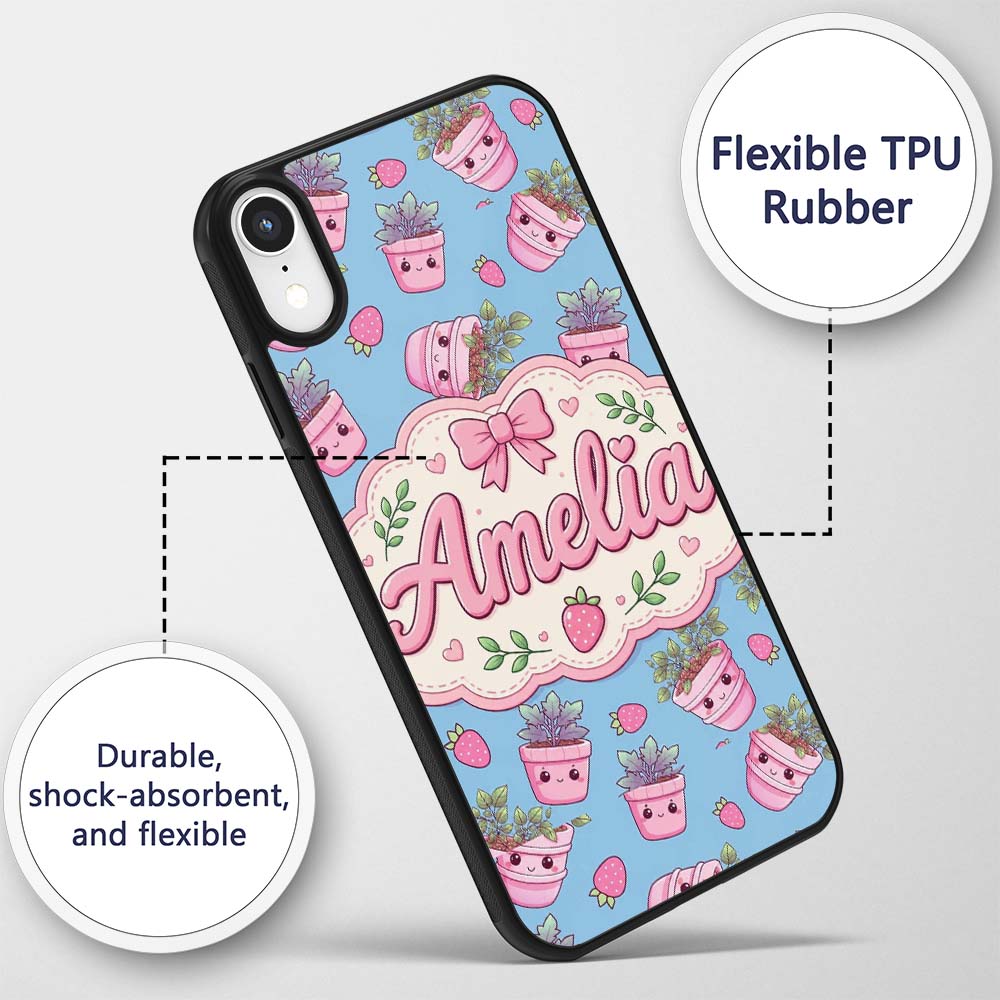Cute Pink Plant Pots Leaves Strawberry Seamless Custom Name Protective Phone Case Mobile Cover Durable Everyday Smartphone Shock Resistant