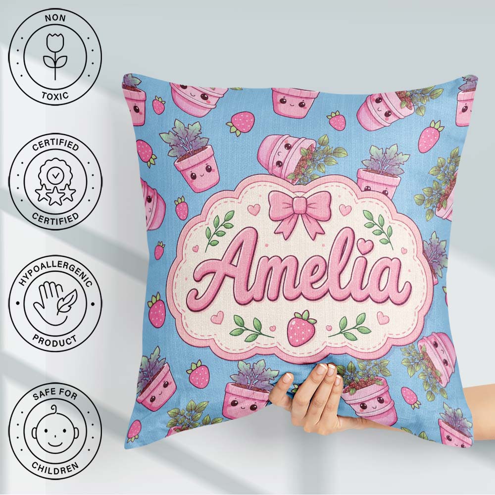Custom Name Cute Pink Plant Pots Leaves Strawberry Seamless Blue Square Filled Cushion Throw Pillow Sofa Bed Home Decor Zip Washable UK Made