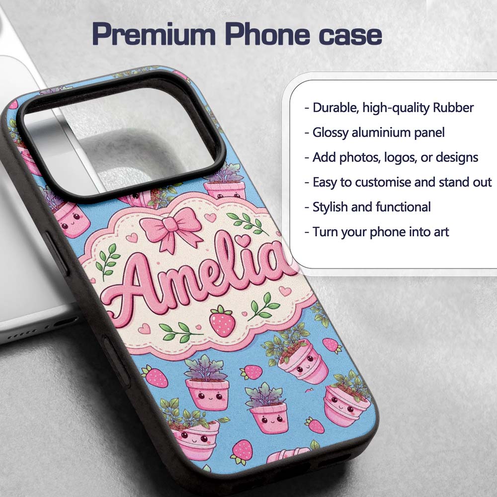 Cute Pink Plant Pots Leaves Strawberry Seamless Custom Name Protective Phone Case Mobile Cover Durable Everyday Smartphone Shock Resistant