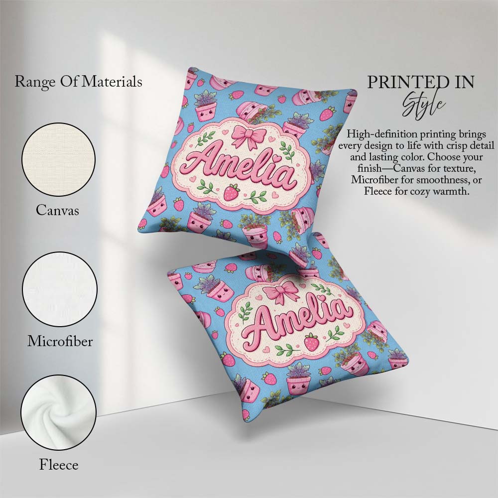 Custom Name Cute Pink Plant Pots Leaves Strawberry Seamless Blue Square Filled Cushion Throw Pillow Sofa Bed Home Decor Zip Washable UK Made