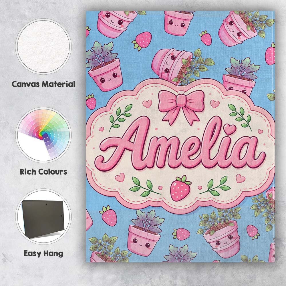 Personalised Name Cute Pink Plant Pots Custom Modern Room Accent Elegant Feature Canvas Wall Art Print Decor Picture Ready to Hang