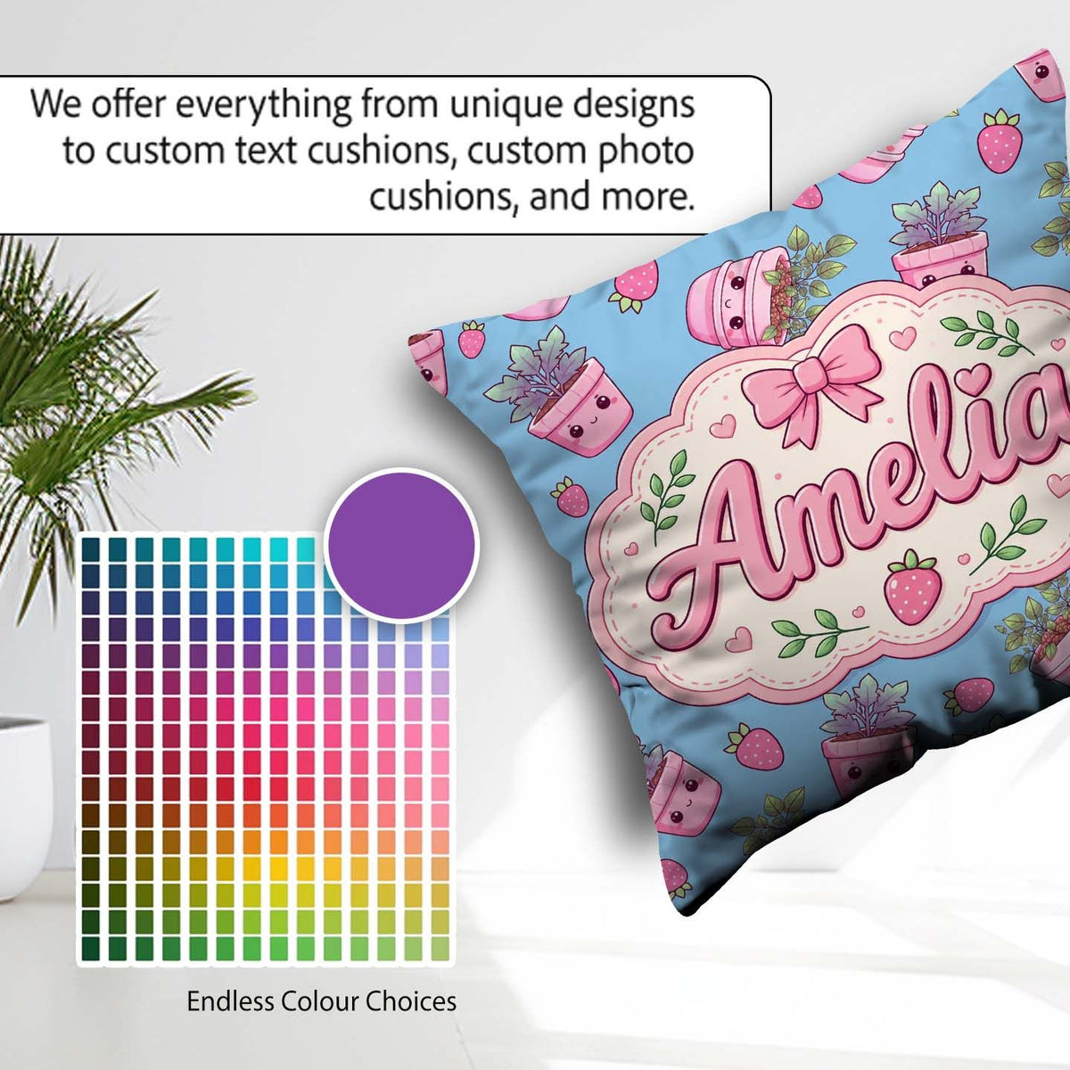 Custom Name Cute Pink Plant Pots Leaves Strawberry Seamless Blue Square Filled Cushion Throw Pillow Sofa Bed Home Decor Zip Washable UK Made