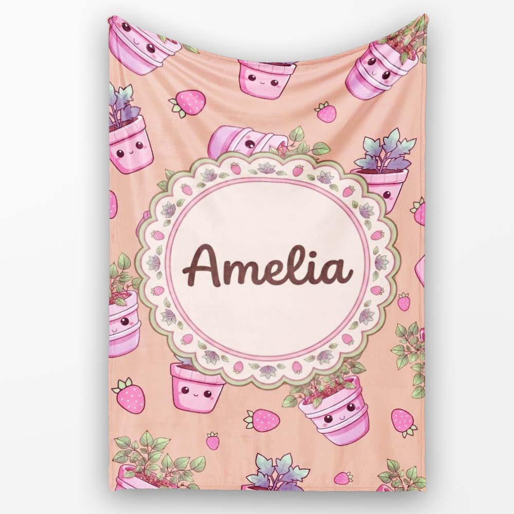 Cute Pink Plant Pots Leaves Strawberry Seamless Pattern Beige Lovely Personalised Custom Name Super Soft Fleece Blanket Bed Sofa Throw