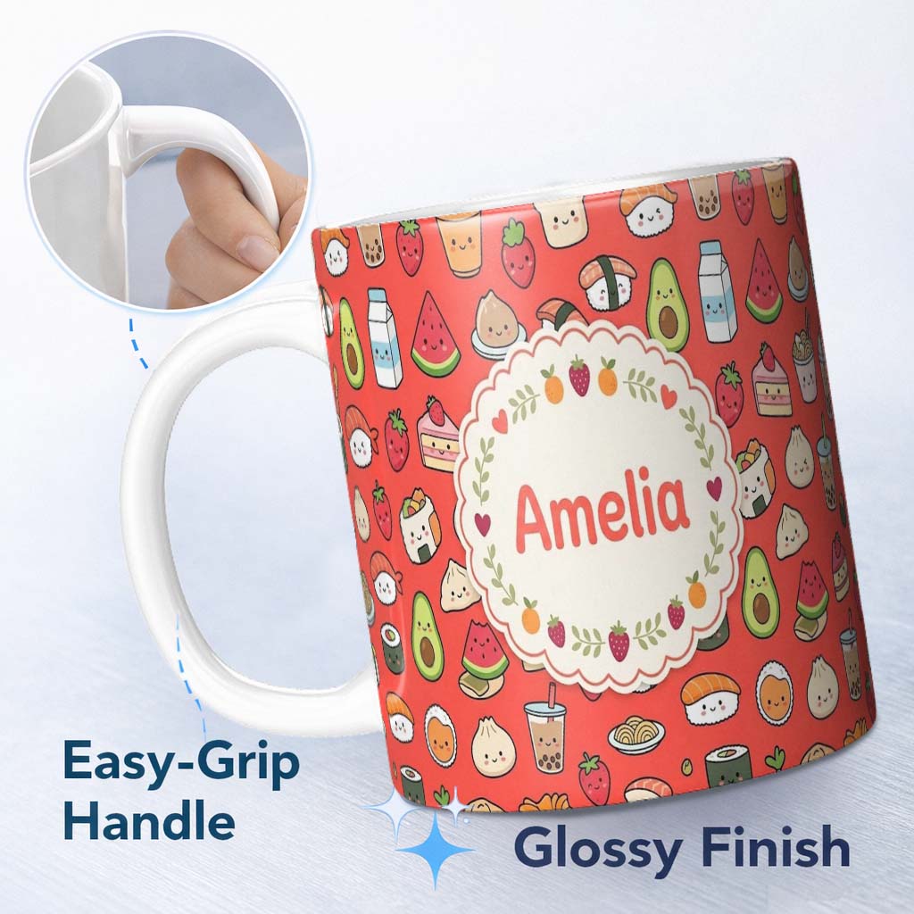 Personalized Custom Name Cute Kawaii Food Characters Seamless Pattern Red Background Fun 11oz Ceramic Coffee Tea Mug White Large Handle