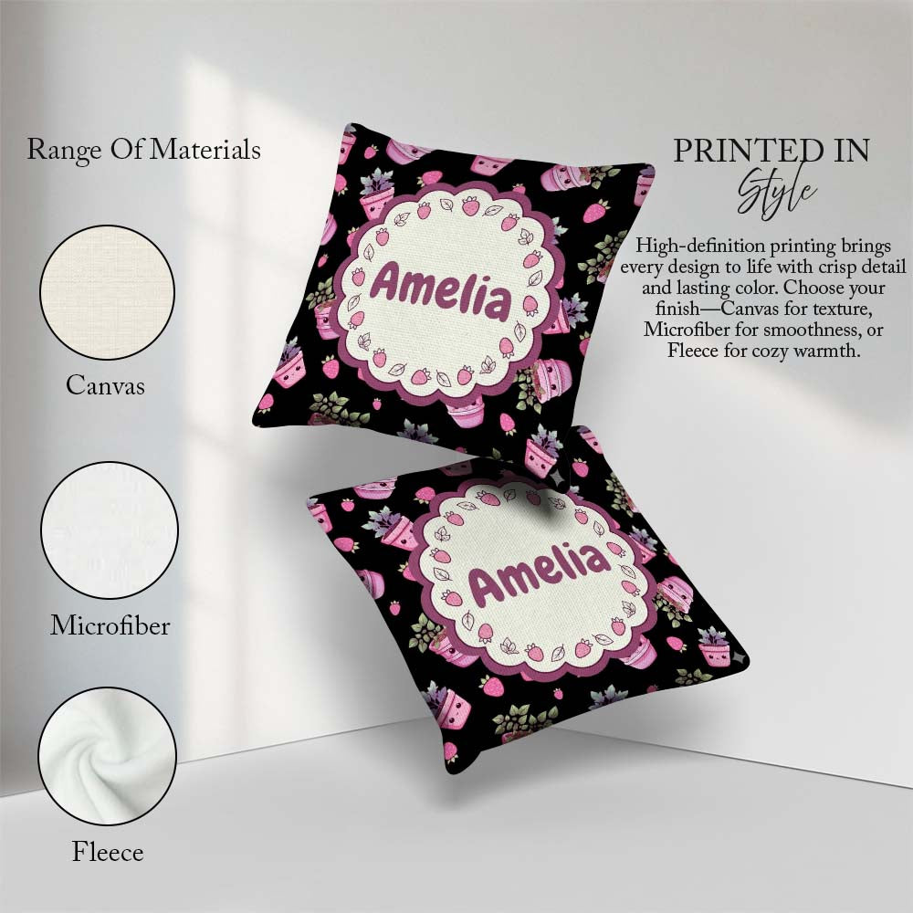 Custom Name Cute Pink Plant Pots Leaves Strawberry Seamless Dark Square Filled Cushion Throw Pillow Sofa Bed Home Decor Zip Washable UK Made