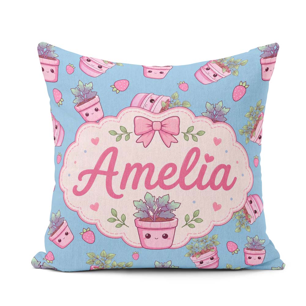 Custom Name Pink Plant Pots Strawberry Seamless Pattern Sky Blue Square Filled Cushion Throw Pillow Sofa Bed Home Decor Zip Washable UK Made
