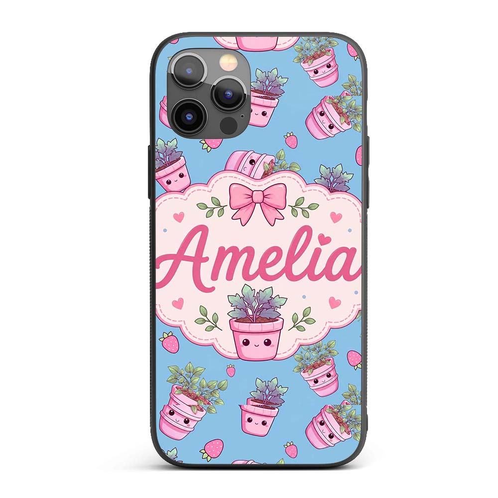 Cute Pink Plant Pots Leaves Strawberry Seamless Custom Name Protective Phone Case Mobile Cover Durable Everyday Smartphone Shock Resistant