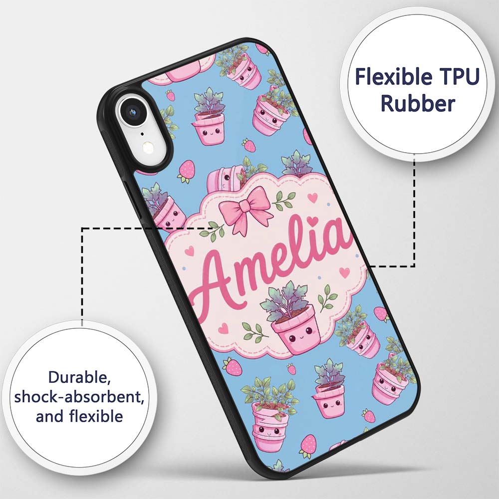 Cute Pink Plant Pots Leaves Strawberry Seamless Custom Name Protective Phone Case Mobile Cover Durable Everyday Smartphone Shock Resistant
