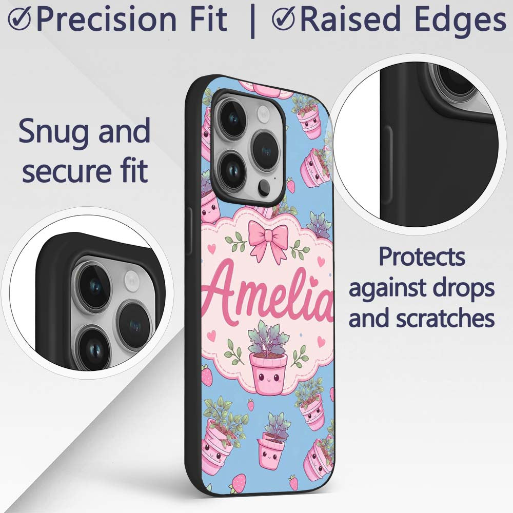 Cute Pink Plant Pots Leaves Strawberry Seamless Custom Name Protective Phone Case Mobile Cover Durable Everyday Smartphone Shock Resistant