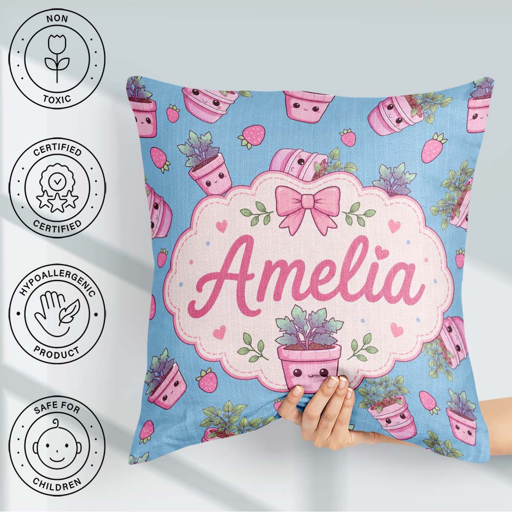 Custom Name Pink Plant Pots Strawberry Seamless Pattern Sky Blue Square Filled Cushion Throw Pillow Sofa Bed Home Decor Zip Washable UK Made