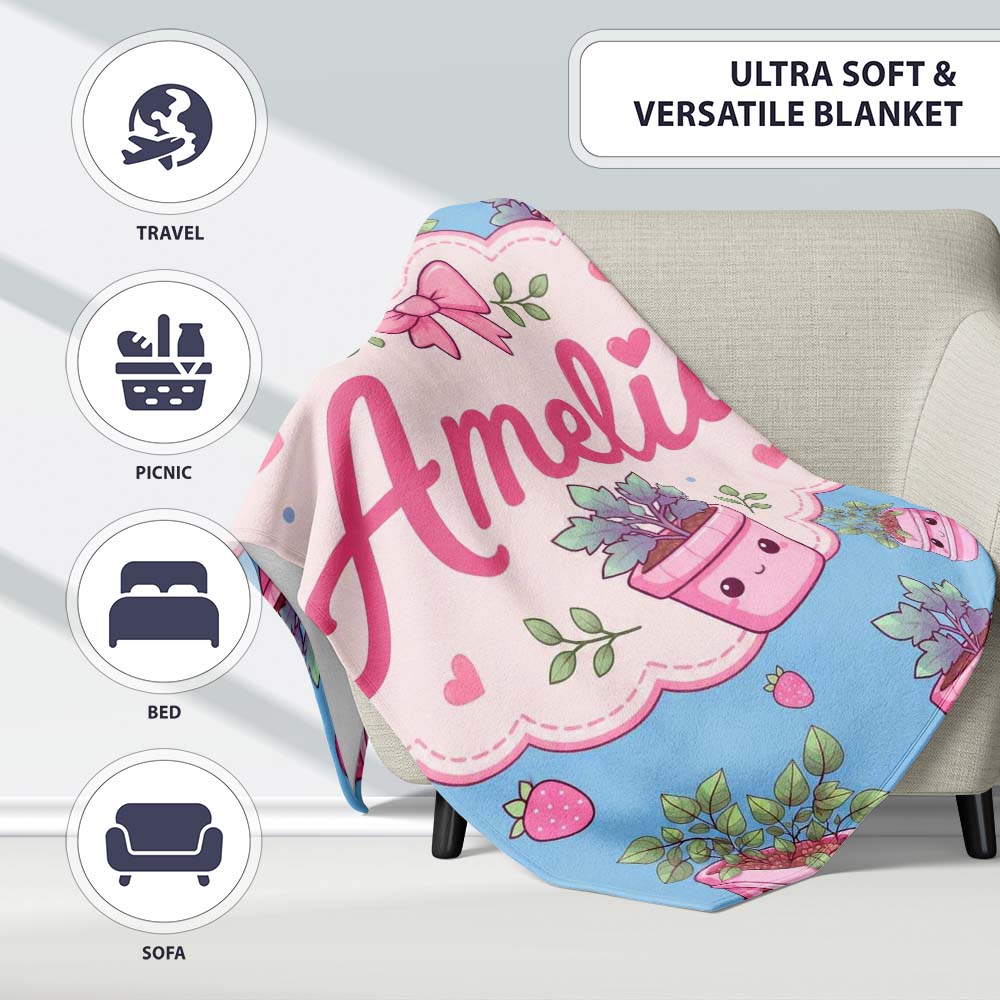 Cute Pink Plant Pots Leaves Strawberry Seamless Pattern Sky Blue Personalised Custom Name Super Soft Fleece Blanket Bed Sofa Throw