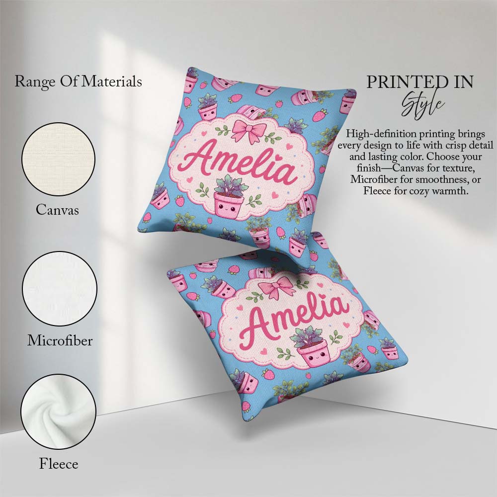 Custom Name Pink Plant Pots Strawberry Seamless Pattern Sky Blue Square Filled Cushion Throw Pillow Sofa Bed Home Decor Zip Washable UK Made