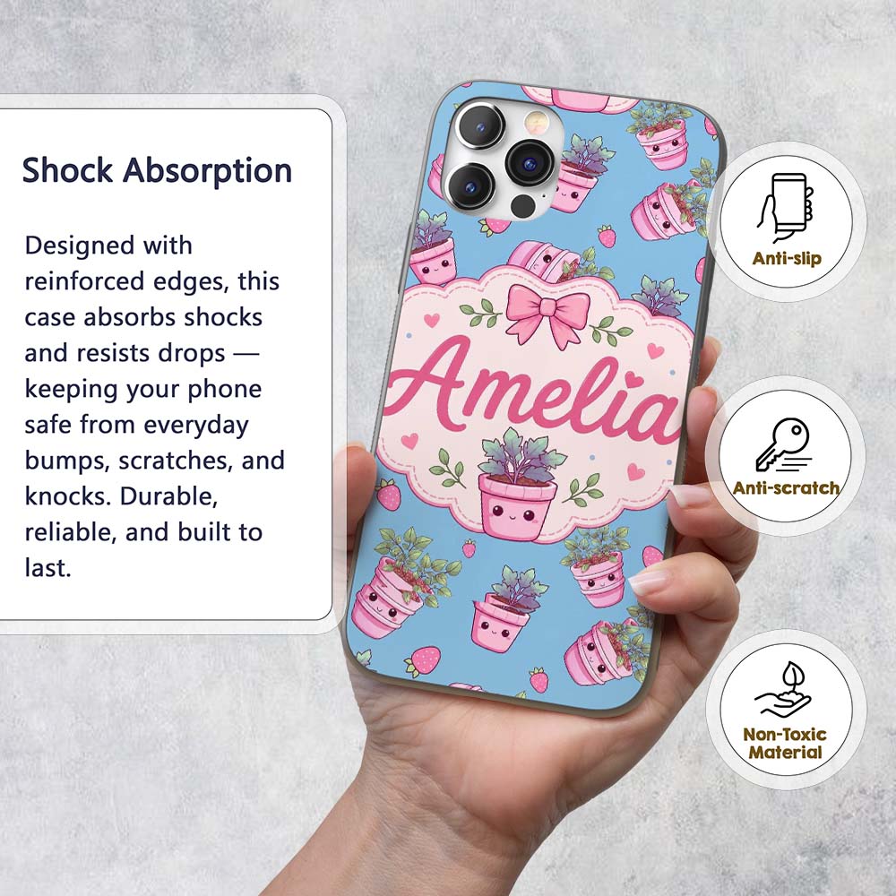 Cute Pink Plant Pots Leaves Strawberry Seamless Custom Name Protective Phone Case Mobile Cover Durable Everyday Smartphone Shock Resistant