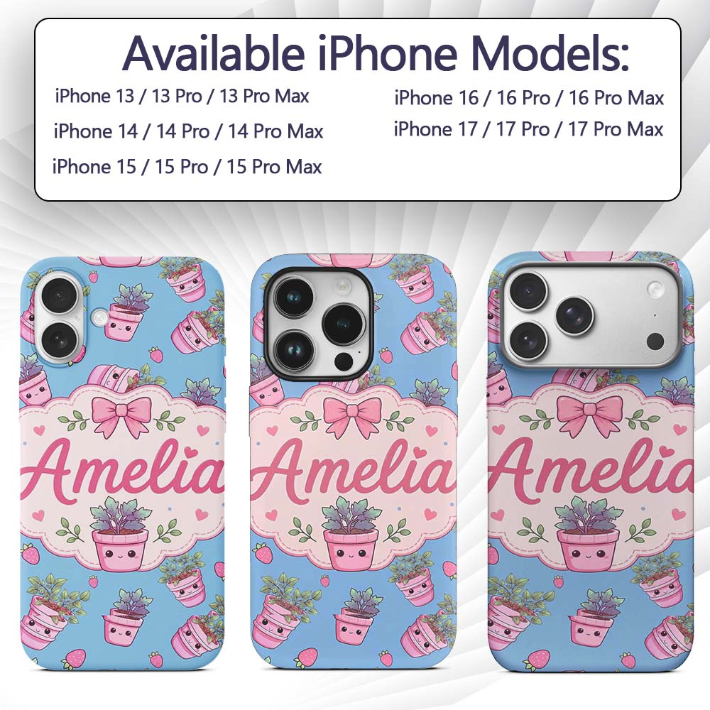 Cute Pink Plant Pots Leaves Strawberry Seamless Custom Name Protective Phone Case Mobile Cover Durable Everyday Smartphone Shock Resistant
