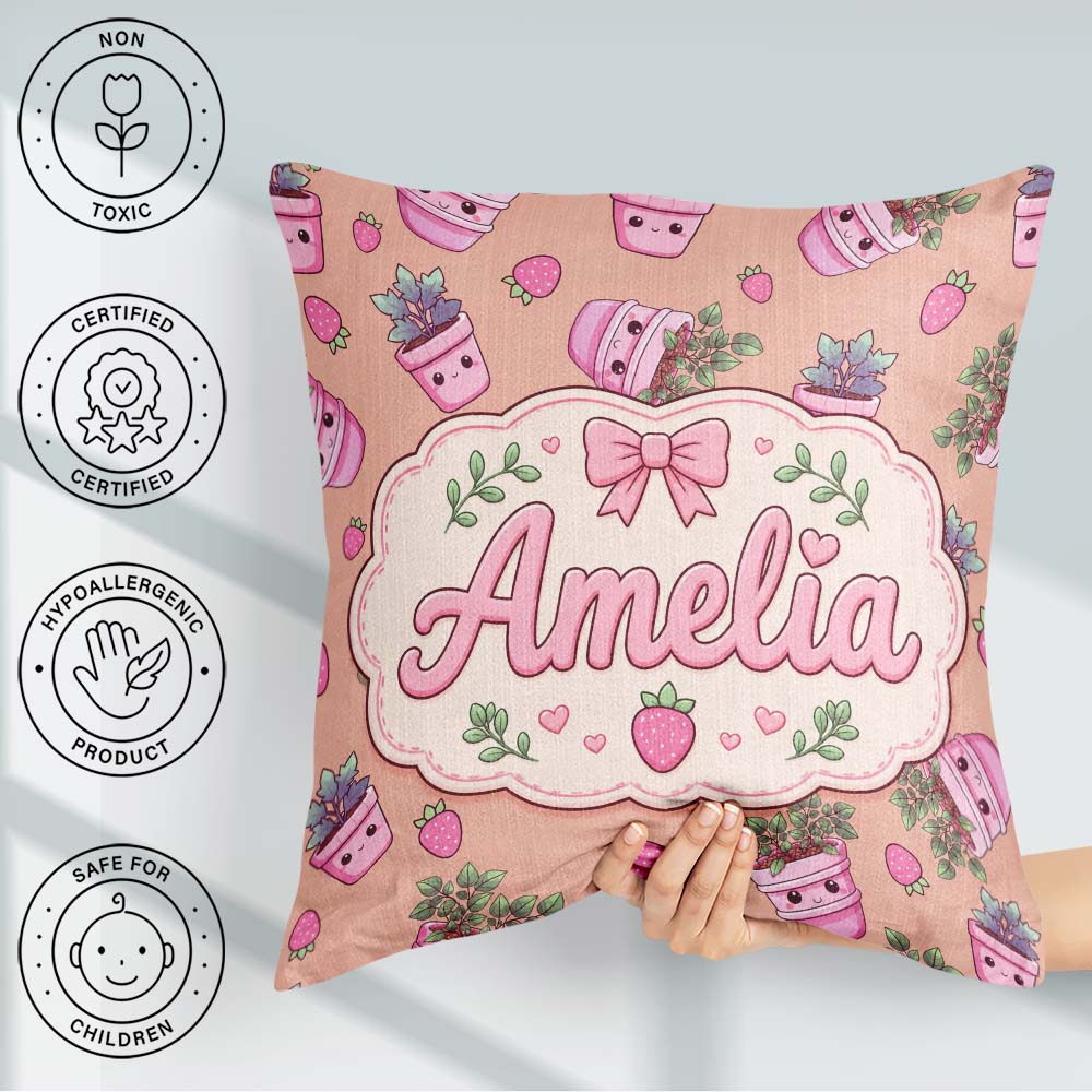 Custom Name Cute Pink Plant Pots Leaves Strawberry Pattern Peach Square Filled Cushion Throw Pillow Sofa Bed Home Decor Zip Washable UK Made
