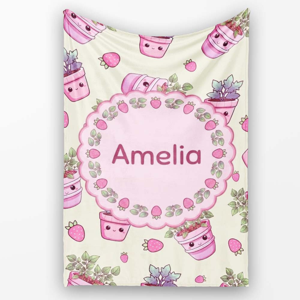Cute Pink Plant Pots Leaves Strawberry Seamless Pattern Cream Lovely Personalised Custom Name Super Soft Fleece Blanket Bed Sofa Throw