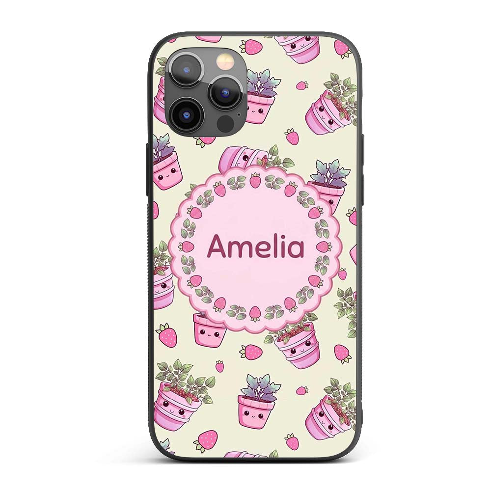 Cute Pink Plant Pots Leaves Strawberry Seamless Custom Name Protective Phone Case Mobile Cover Durable Everyday Smartphone Shock Resistant