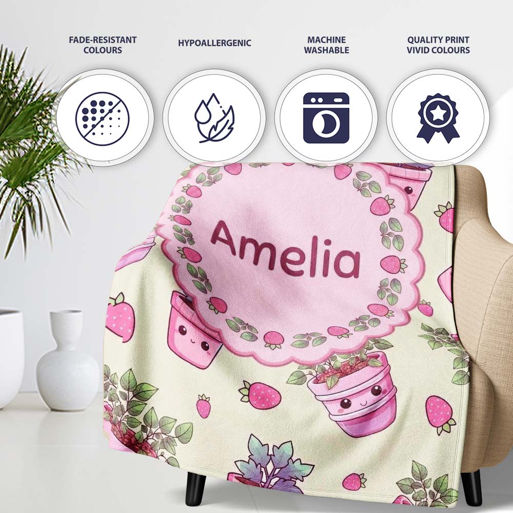 Cute Pink Plant Pots Leaves Strawberry Seamless Pattern Cream Lovely Personalised Custom Name Super Soft Fleece Blanket Bed Sofa Throw
