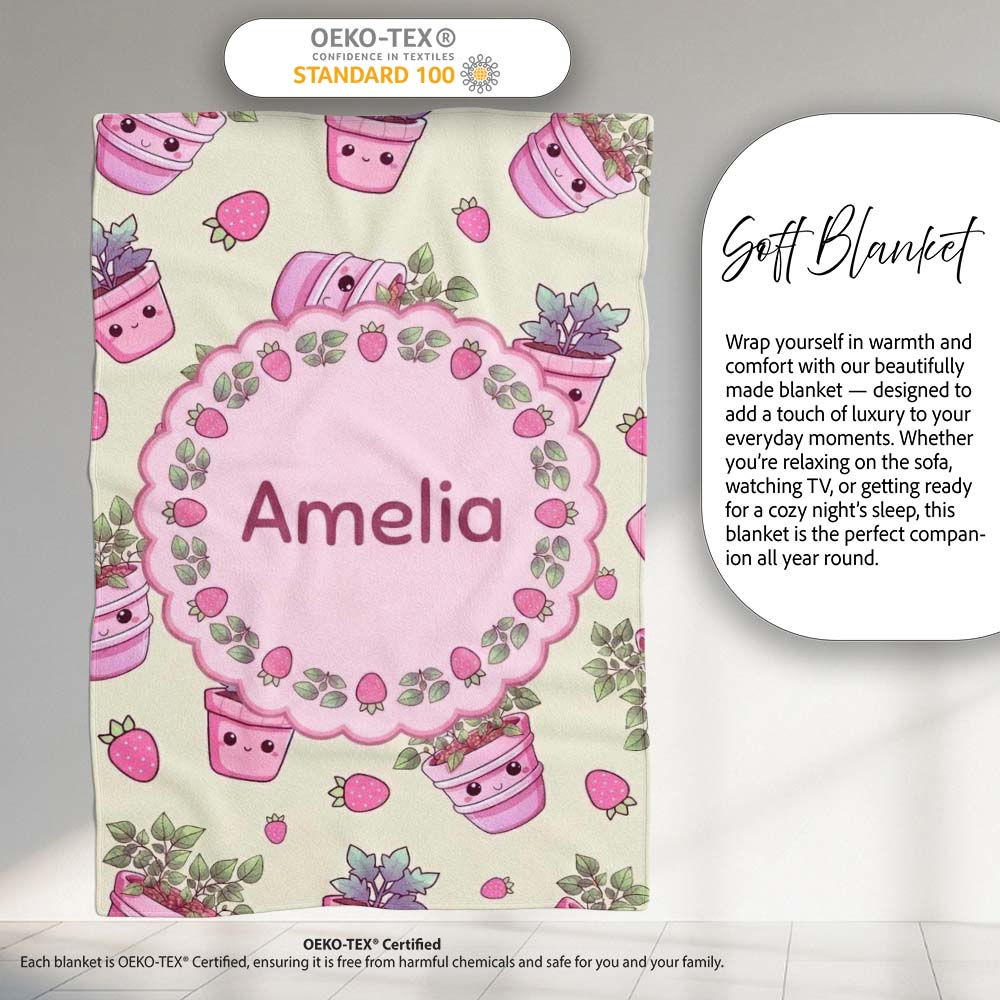 Cute Pink Plant Pots Leaves Strawberry Seamless Pattern Cream Lovely Personalised Custom Name Super Soft Fleece Blanket Bed Sofa Throw