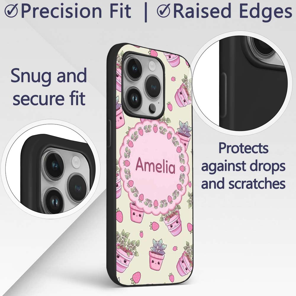 Cute Pink Plant Pots Leaves Strawberry Seamless Custom Name Protective Phone Case Mobile Cover Durable Everyday Smartphone Shock Resistant