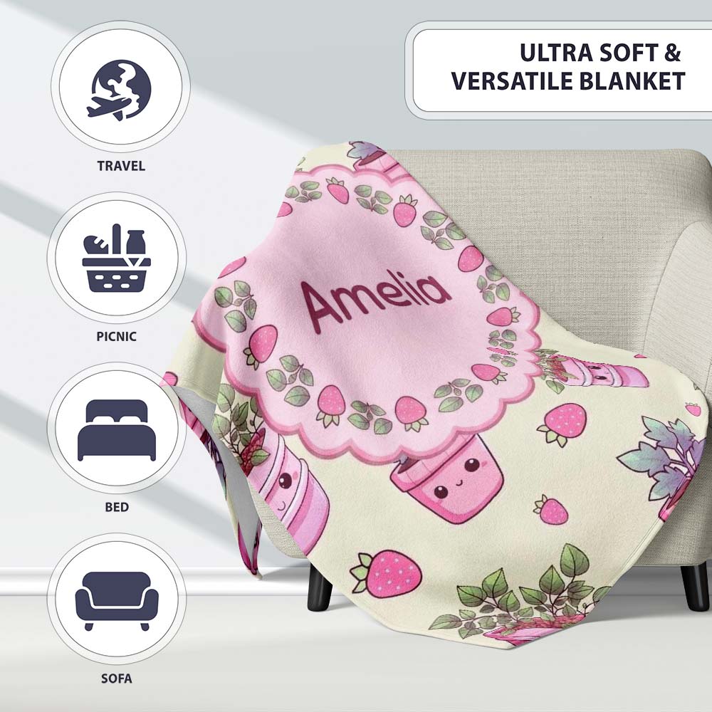 Cute Pink Plant Pots Leaves Strawberry Seamless Pattern Cream Lovely Personalised Custom Name Super Soft Fleece Blanket Bed Sofa Throw