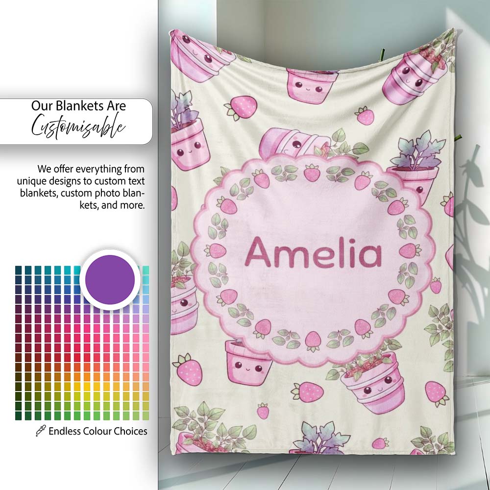 Cute Pink Plant Pots Leaves Strawberry Seamless Pattern Cream Lovely Personalised Custom Name Super Soft Fleece Blanket Bed Sofa Throw