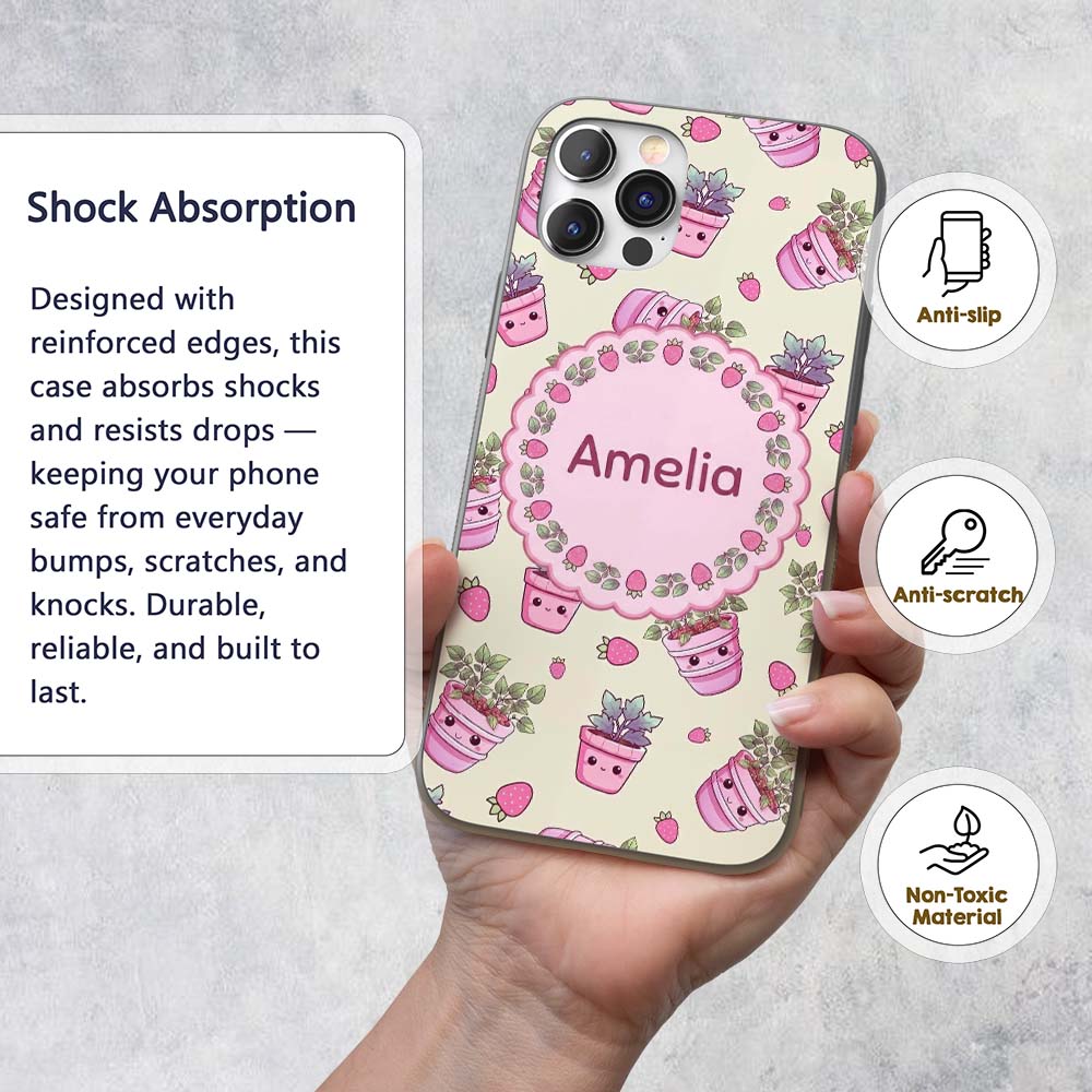 Cute Pink Plant Pots Leaves Strawberry Seamless Custom Name Protective Phone Case Mobile Cover Durable Everyday Smartphone Shock Resistant