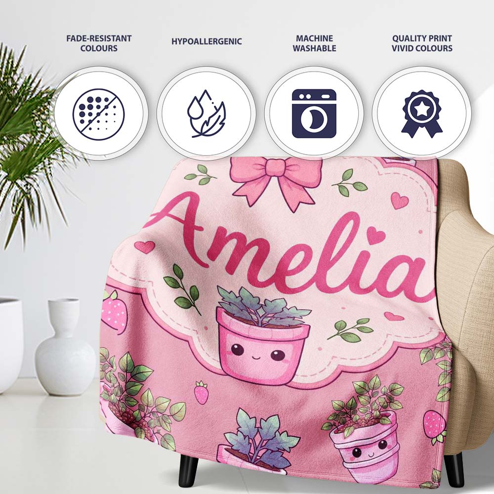 Cute Pink Plant Pots Leaves Strawberry Seamless Pattern Rose Lovely Personalised Custom Name Super Soft Fleece Blanket Bed Sofa Throw