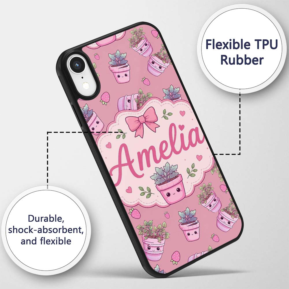 Cute Pink Plant Pots Leaves Strawberry Seamless Custom Name Protective Phone Case Mobile Cover Durable Everyday Smartphone Shock Resistant