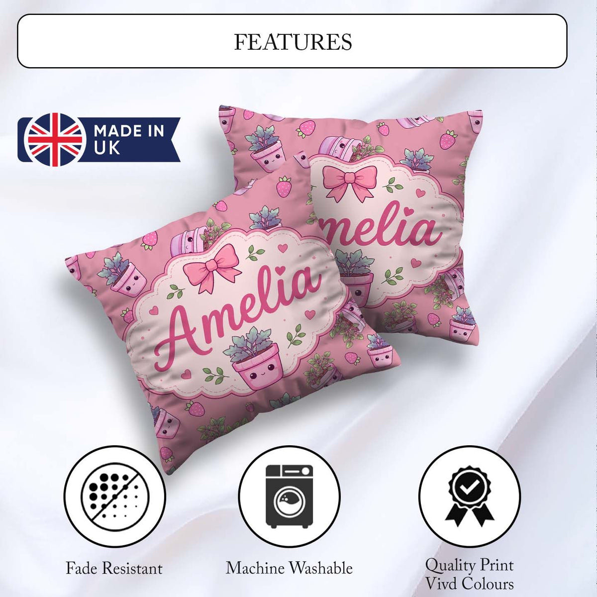 Custom Name Cute Pink Plant Pots Leaves Strawberry Seamless Rose Square Filled Cushion Throw Pillow Sofa Bed Home Decor Zip Washable UK Made